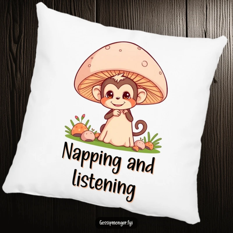 Funny pillow with a mischievous monkey hiding and eavesdropping behind a giant mushroom, perfect for cozy spies.