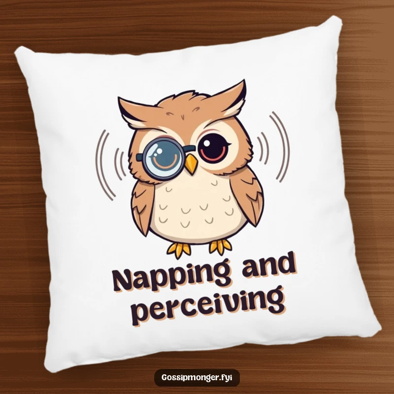 Funny owl pillow, wearing a monocle, listening to a sound wave, soft plush, comfortable intellectual decor.