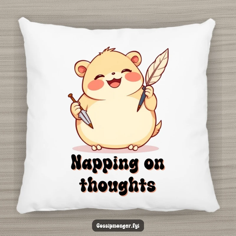 Funny pillow featuring a plump, smiling creature gleefully scribbling notes with a comically oversized quill pen.
