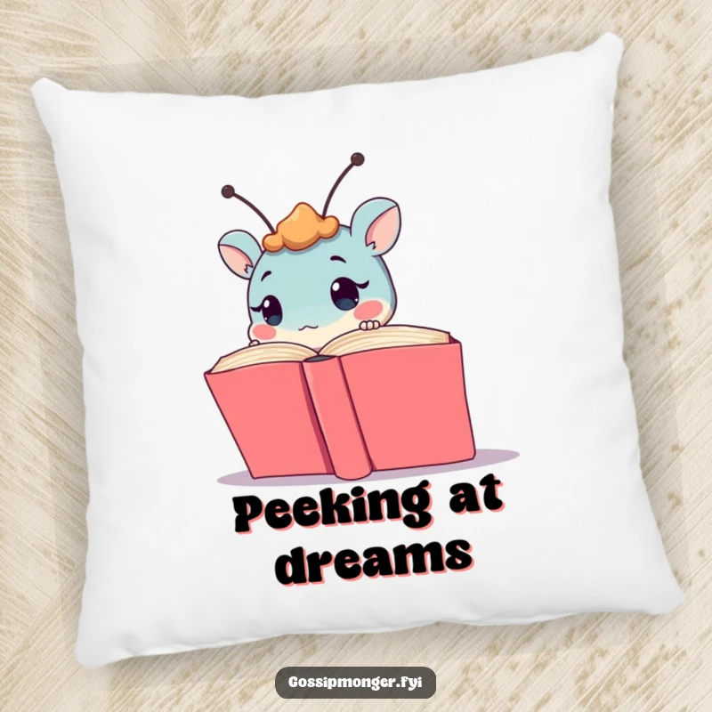 Funny creature with antennae peeking from a book, depicted on a soft, decorative pillow, bringing comfort and a humorous touch to any room.