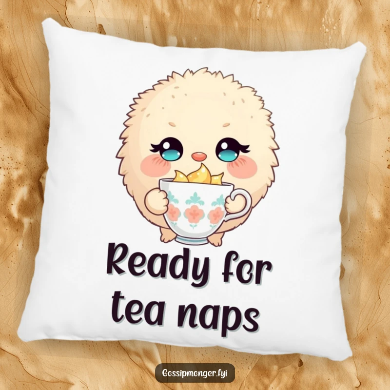 Funny pillow with a round, fluffy creature, large eyes, winking slyly, holding a tiny, overflowing teacup.
