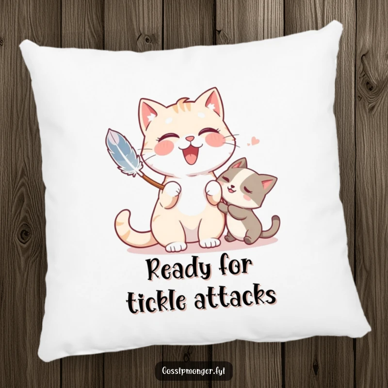 Funny pillow featuring a giggling cat playfully tickling a friend with a feather duster, perfect for cuddling.
