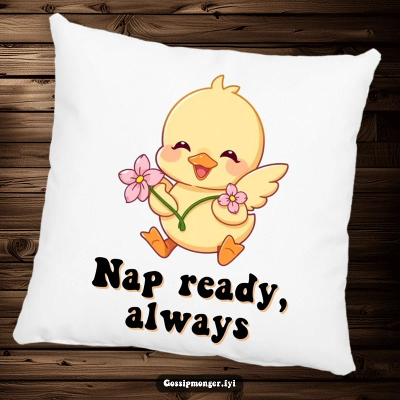 Funny Duckling Pillow: A cute, fluffy duckling wearing a flower joyfully flutters its wings, offering comfort and adorable charm.
