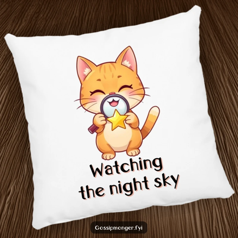 Funny pillow with a cheerful orange cat holding a magnifying glass over a tiny, winking star, perfect for cozying up.