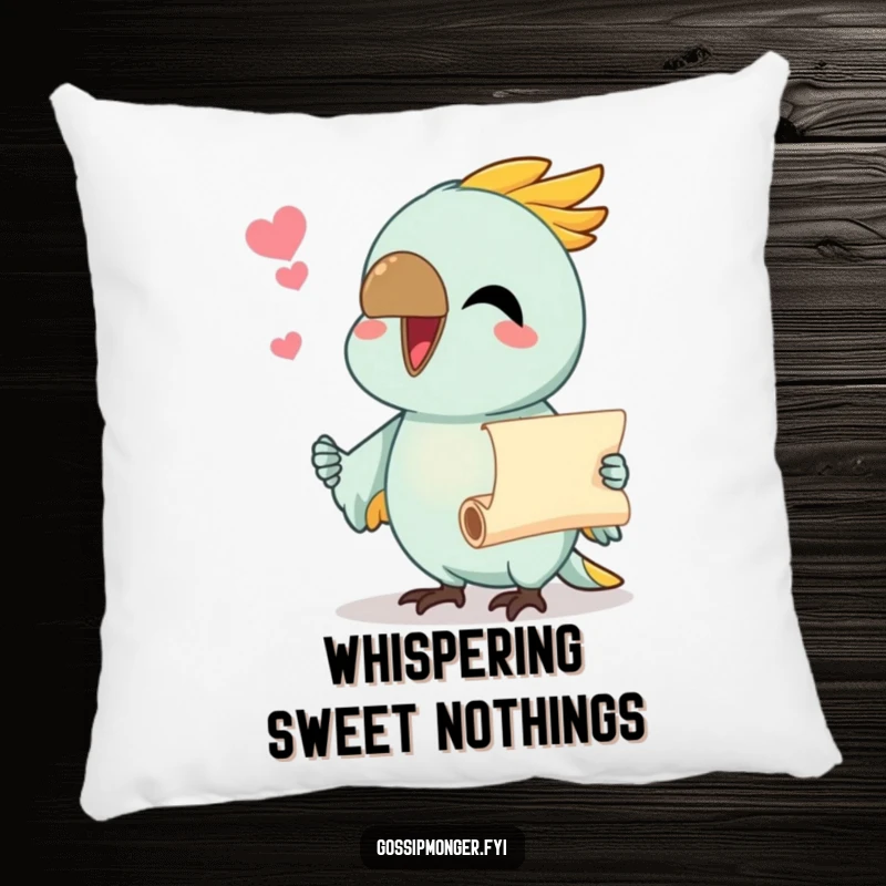 Funny pillow with a chatty parrot holding a tiny scroll, perfect for adding humor to a living space.