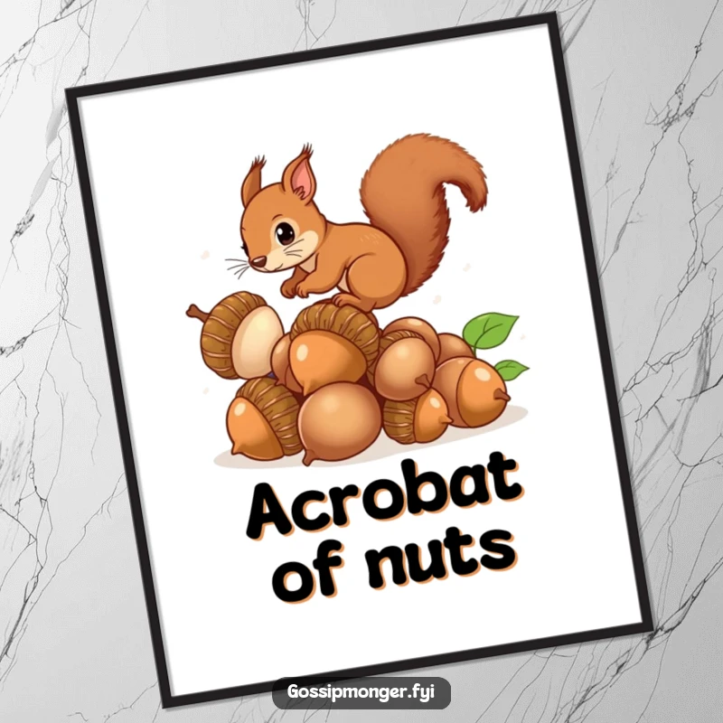 Funny Squirrel Acorns Digital Art: High-resolution image of a squirrel balancing on large acorns, perfect for printing and framing.