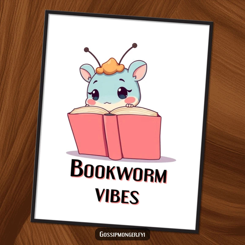 Funny creature with antennae peeking from behind a book, presented as an intriguing and humorous digital art print for instant download.