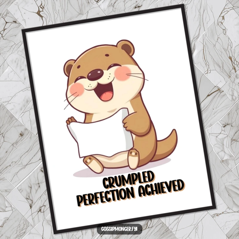 Funny Digital Art Print: A cheerful otter giggles while holding crumpled paper, a downloadable piece of whimsical art.