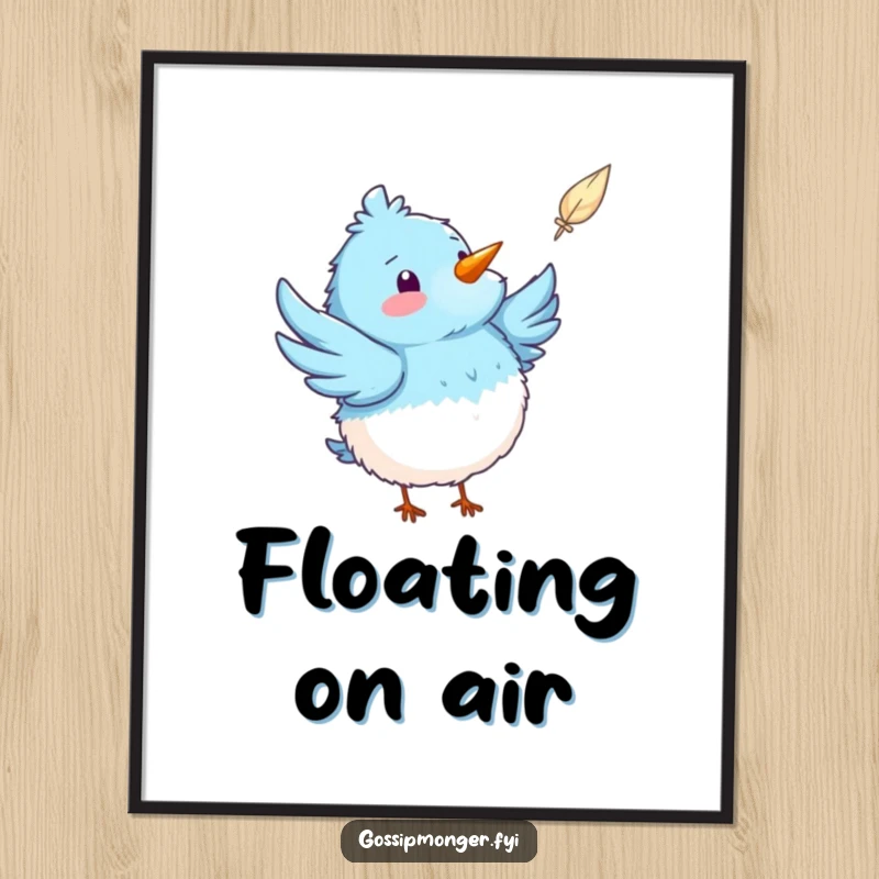 Funny blue bird digital art print showing a fluffy bird pointing at a feather, offering instant whimsy and cheerful vibes.