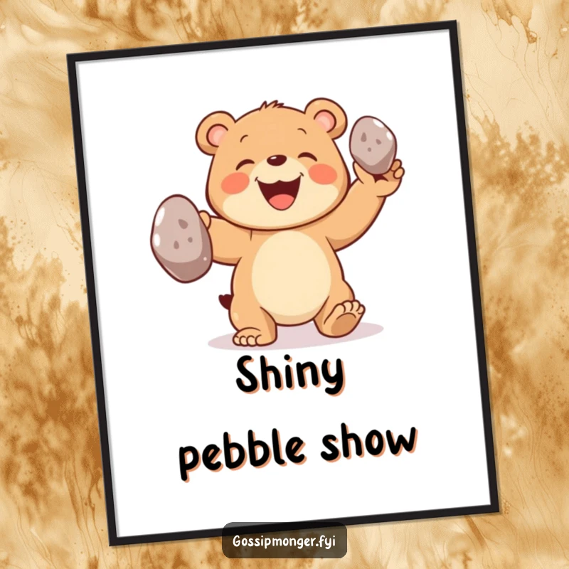 Funny bear digital art print of a joyful bear cub grinning while juggling three oversized shiny pebbles with skill.