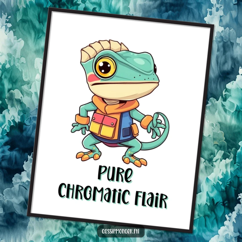 Funny chameleon digital art print of a confident chameleon sporting a unique, vibrantly colored outfit, adding stylish humor.
