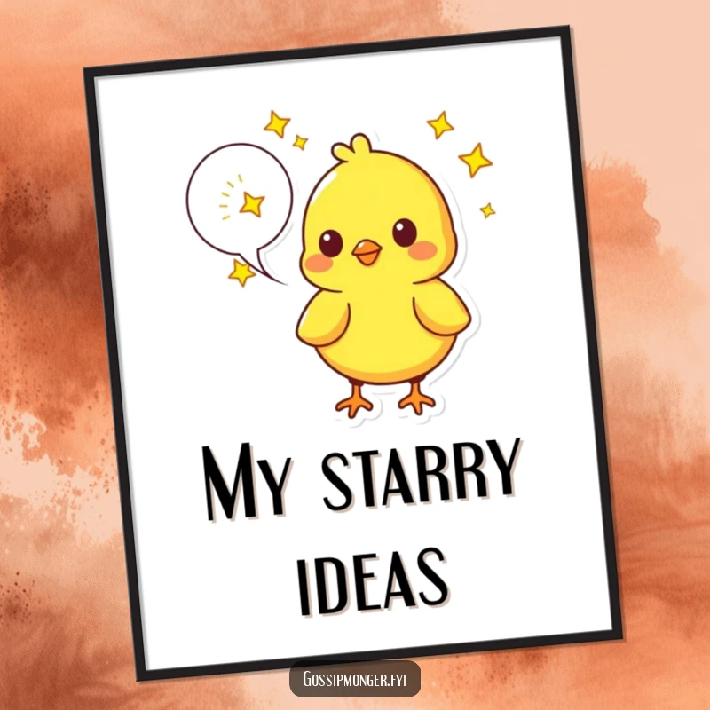 Funny Chick Digital Art Print: A bright yellow chick speaks dreams filled with twinkling stars, perfect for whimsical decor.