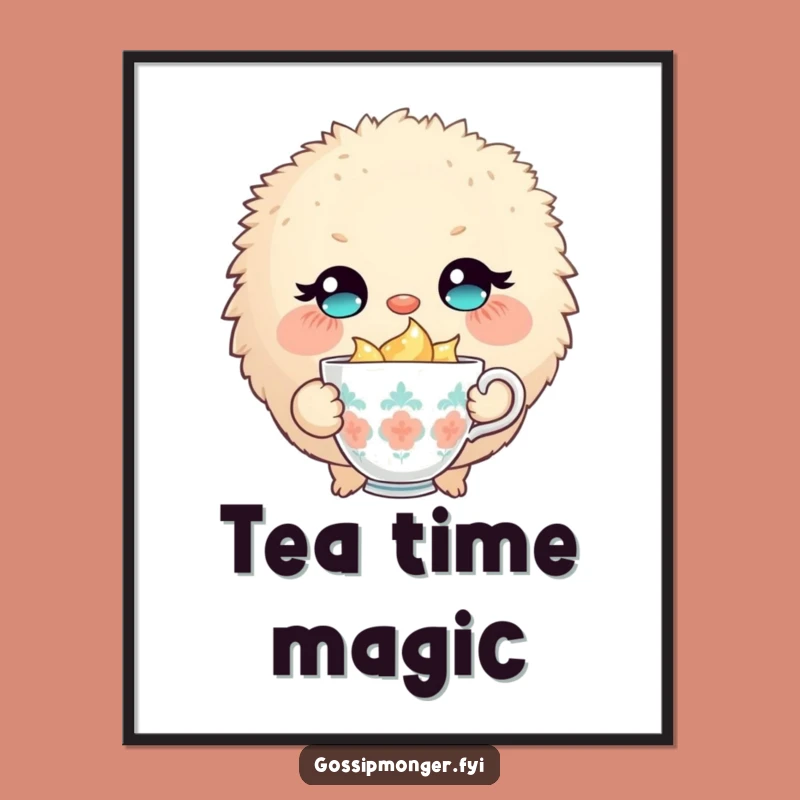 Funny Fluffy Creature Digital Print: Winking Teacup Art, Perfect Whimsical Decor!