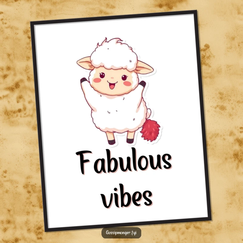 Funny digital art print of a fluffy sheep excitedly waving a red feather boa, for instant glam decor.
