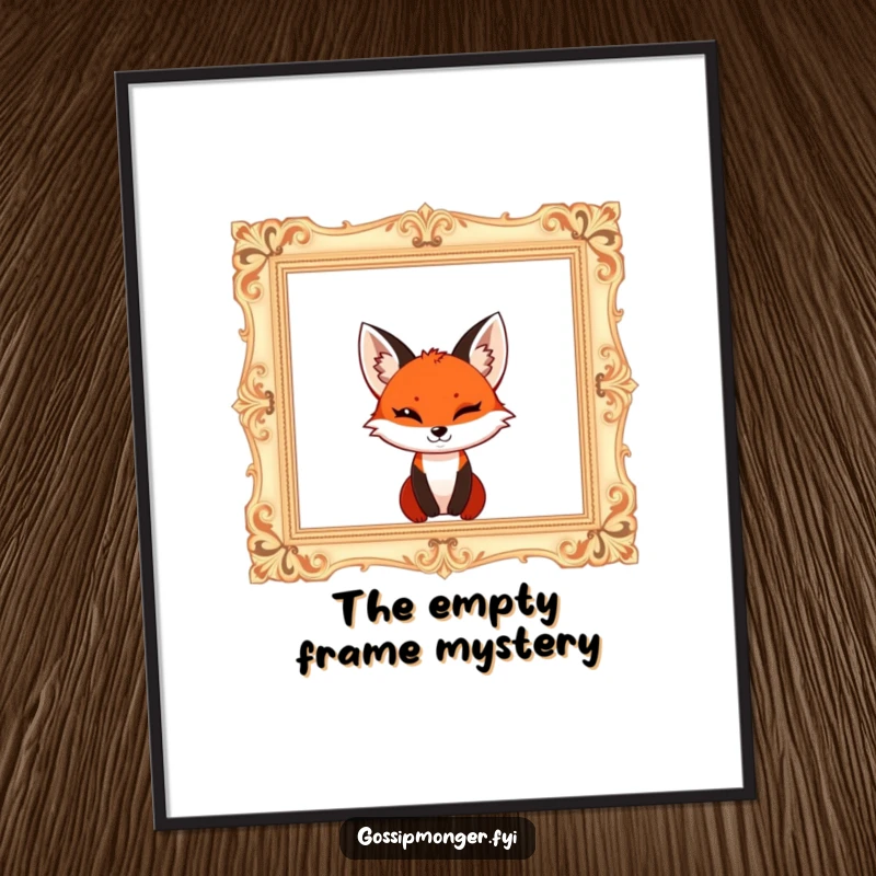 Funny red fox with a mischievous wink, popping out of a giant ornate empty picture frame, high-quality digital art print.