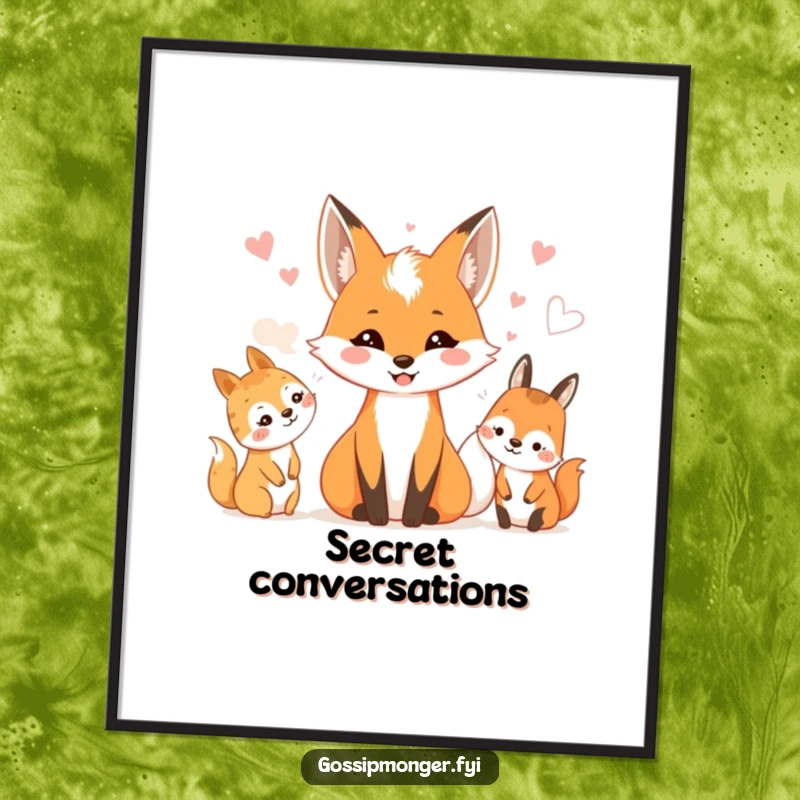 Funny digital art print of a smiling fox whispering to a group of delighted woodland creatures.