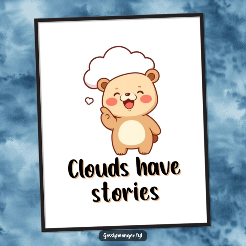 Funny Kawaii Bear Digital Art Print: A giggling, cute bear excitedly points at a floating cloud, a humorous and charming wall art piece.