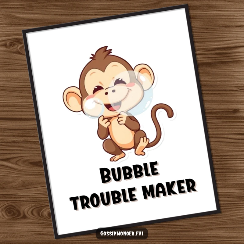 Funny digital art print of a mischievous monkey blowing a large bubble with a playful grin, perfect for decor.