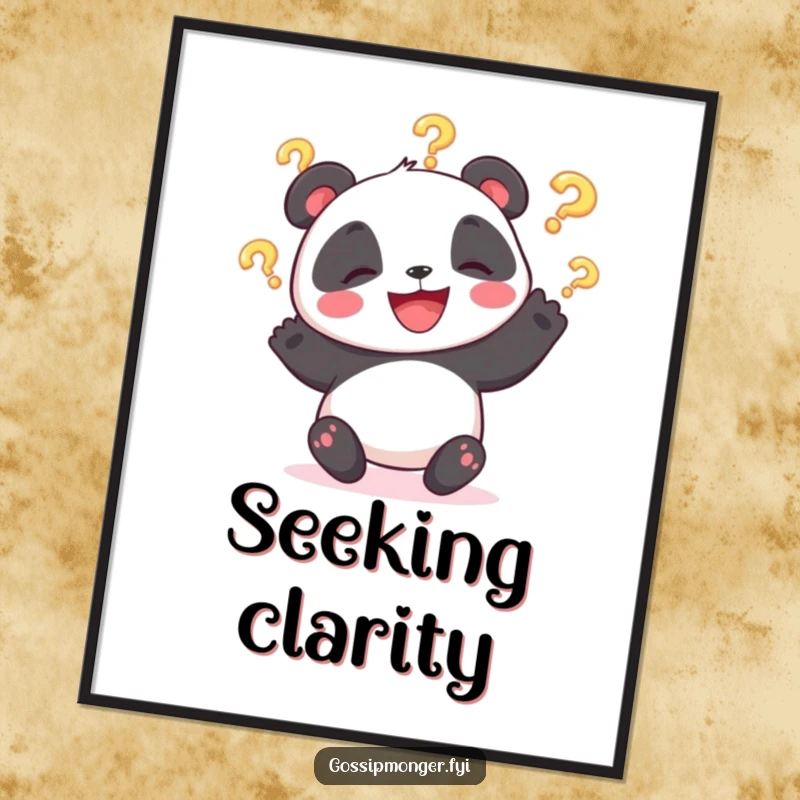 Funny digital art print of a giggling panda bear juggling three glowing question marks, exuding pure amusement and joy.