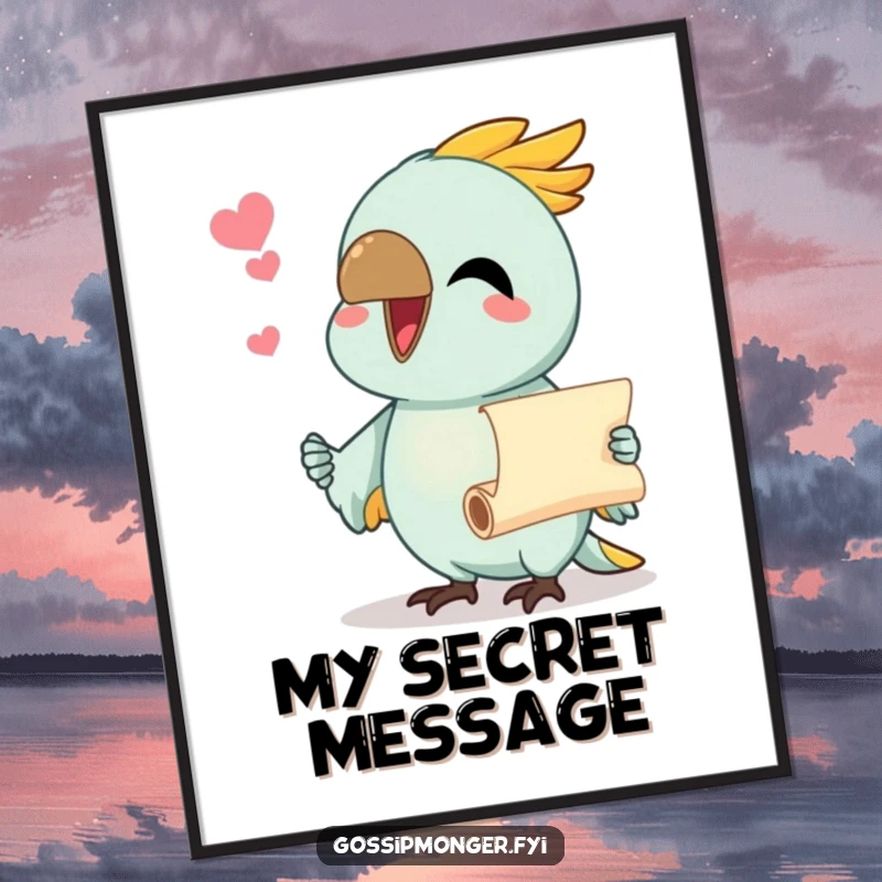 Funny digital art print of a chatty parrot with beak wide open, sharing a tiny scroll, wall decor.