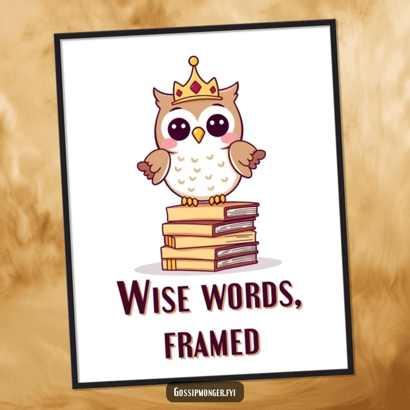 Funny digital art print of a giggling owl wearing a tiny crown, balancing on whispering letters, for wise and whimsical decor.