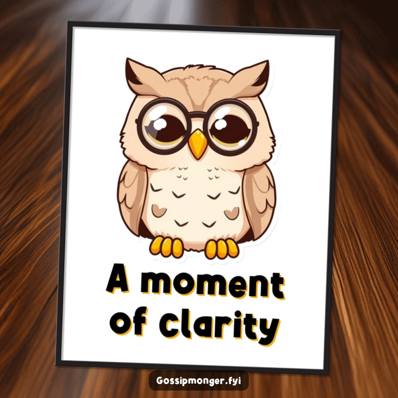 Funny Surprised Owl Digital Print: An owl wearing a monocle looks wide awake and hilariously surprised, a witty digital artwork.