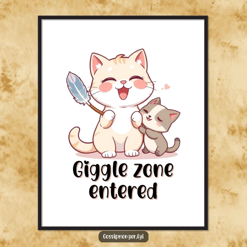 Funny digital art of a giggling cat playfully tickling a friend with a feather duster, bringing cheer to any space.