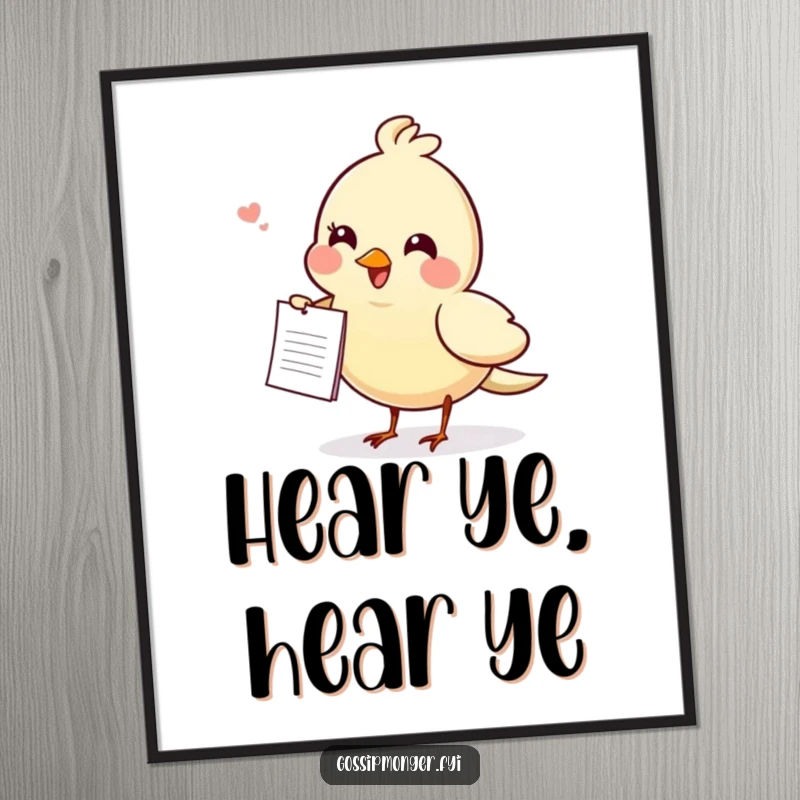Funny gossiping bird digital art print, a cheerful bird carrying a small note, offering instant, whimsical, and humorous wall decor.