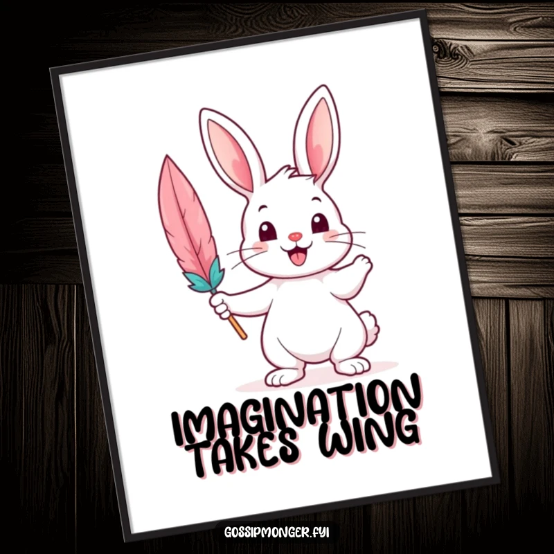Funny Digital Art Print of a cheerful bunny holding a vibrant feather quill, perfect for creative inspiration.