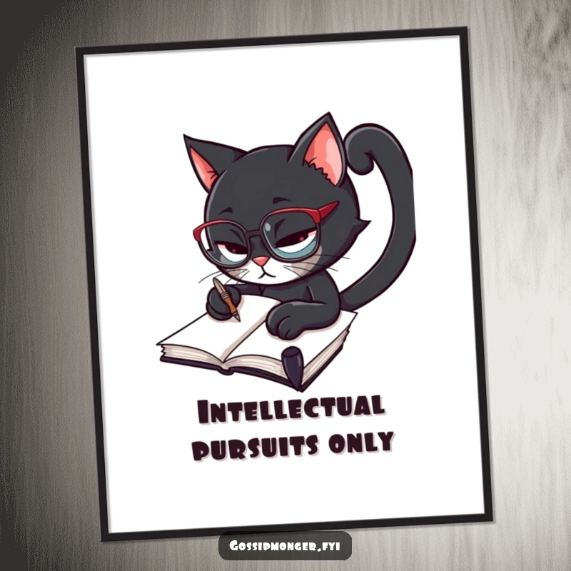 Funny black cat wearing spectacles, furiously scribbling in a notebook with a quill, high-quality digital art print for framing.