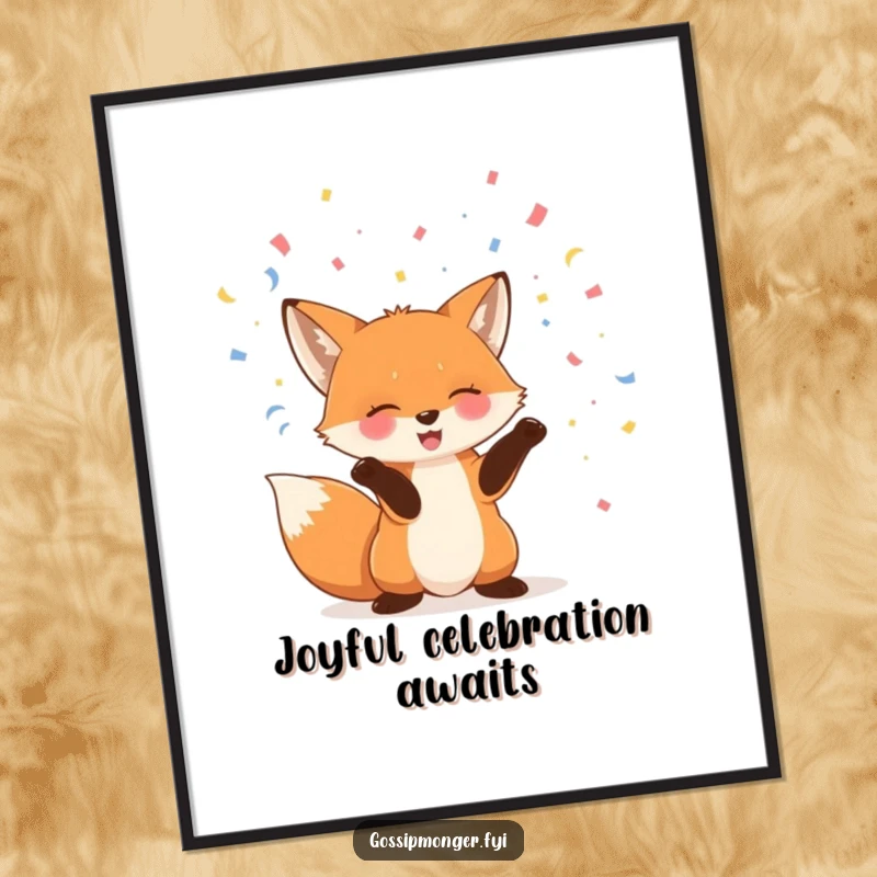 Funny fox digital art print of a giggling fox merrily throwing confetti into the air with its paws, full of joy.