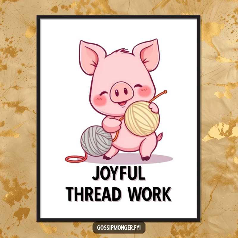 Funny piglet character digital art print, spinning a yarn ball with excitement, rosy cheeks, high-resolution, instant download.