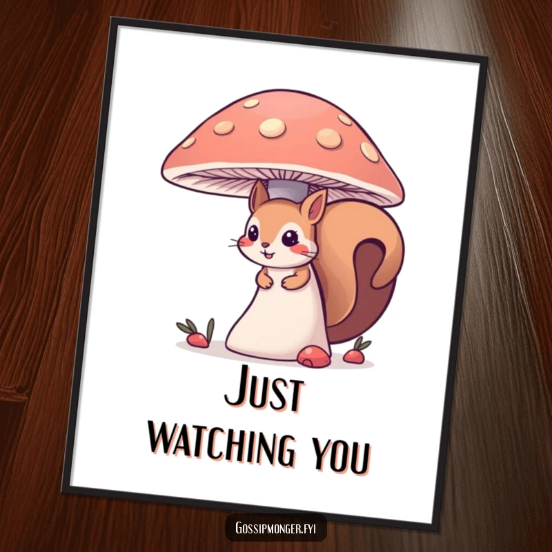 Funny curious squirrel digital art print, a squirrel peeking from behind a large mushroom, offering instant, whimsical, and humorous woodland decor.