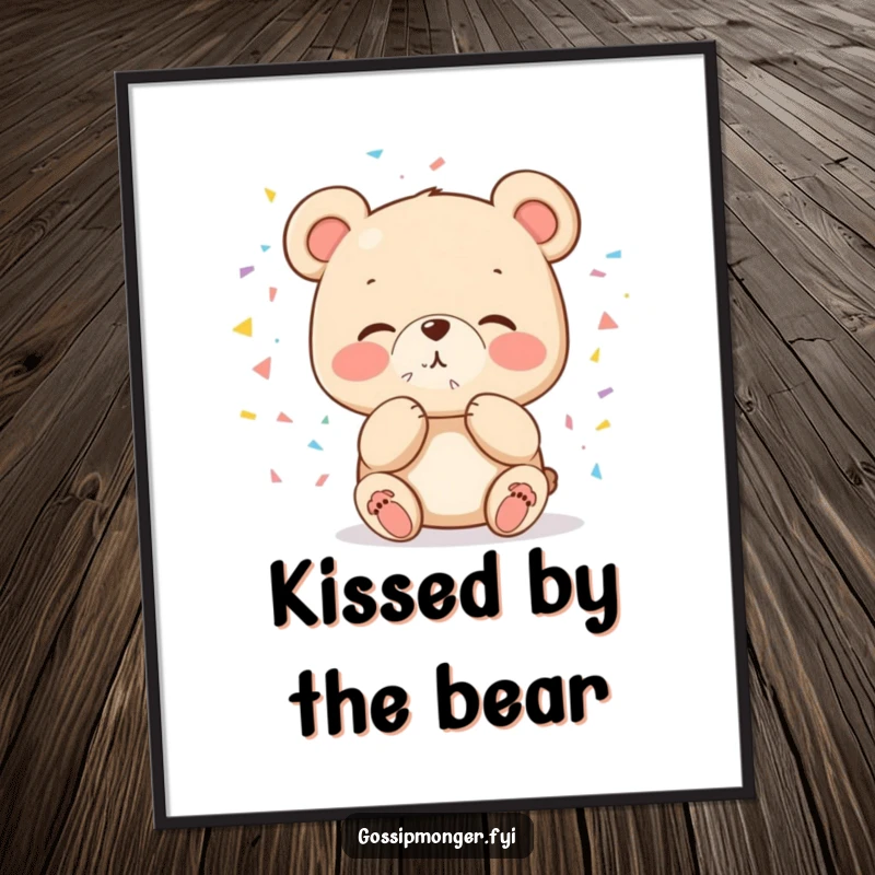 Funny cute bear blowing a kiss of confetti digital art print, perfect for instant, humorous celebration decor.