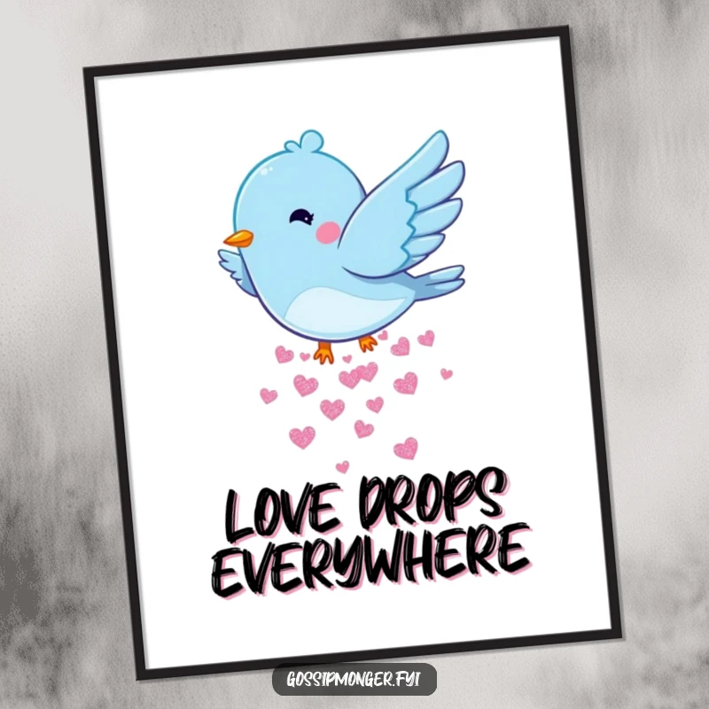 Funny Bluebird Hearts Digital Art: High-resolution image of a bluebird mid-flight, scattering tiny glittery hearts, perfect for printing.