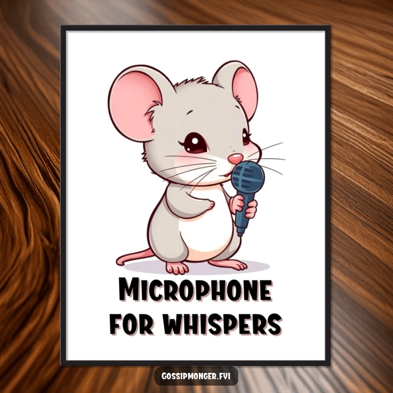 Funny mouse character digital art print, holding a tiny microphone, leaning to hear a secret, high-resolution, instant download.