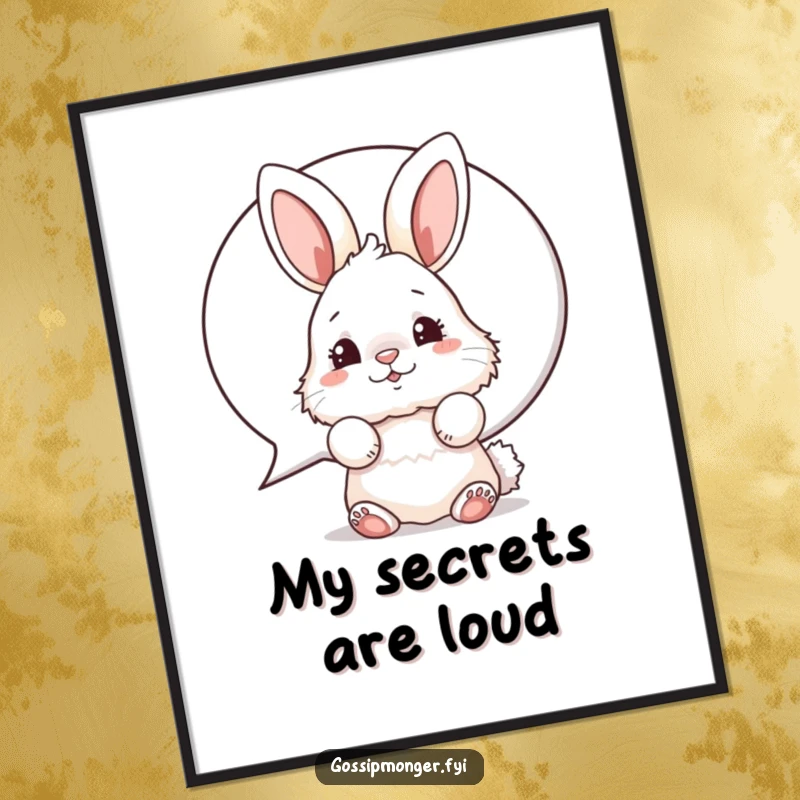Funny bunny digital art print of a fluffy rabbit peeking from a speech bubble, nose wiggling humorously.
