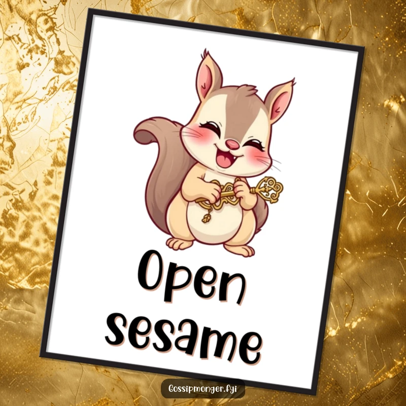 Funny digital art print of a mischievous squirrel giggling while holding a tiny, ornate key, capturing a moment of playful secrecy and treasure hunting.