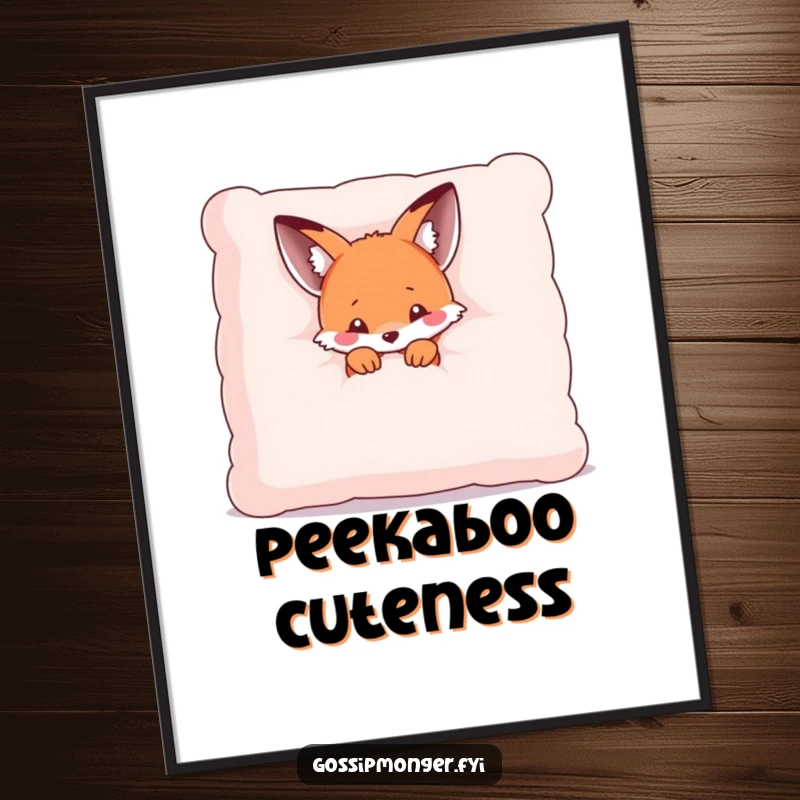 Funny digital art print of a tiny kawaii fox peeking from behind a giant plush pillow, radiating shy charm and adorable humor.