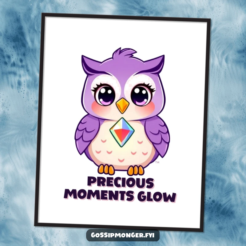 Funny digital art print of a smiling purple owl with wide eyes, sharing a shining gem, symbolizing generosity and love.