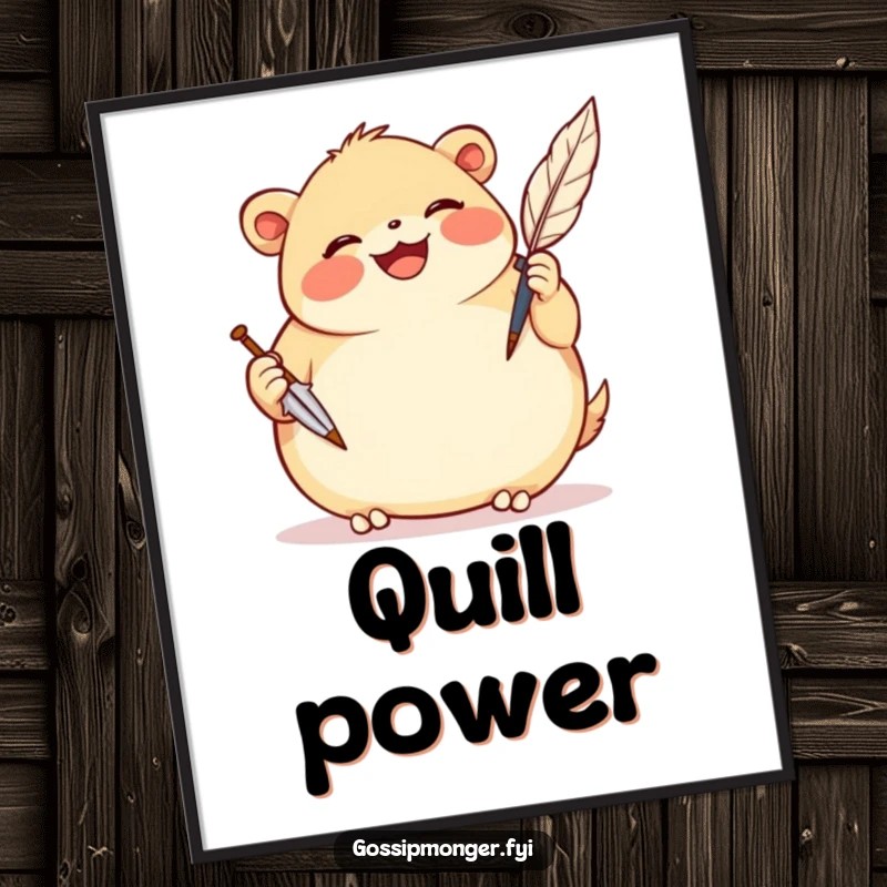 Funny digital art print of a plump, smiling creature gleefully scribbling notes with a comically oversized quill pen.