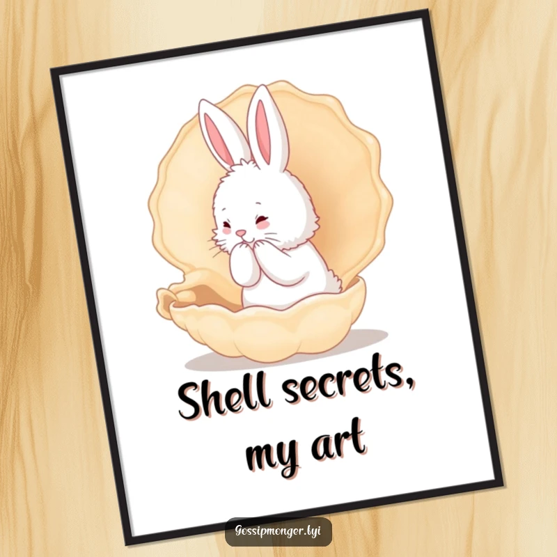 Funny Bunny Digital Art Print: A fluffy white rabbit whispers secrets into a giant conch shell, perfect for whimsical decor.