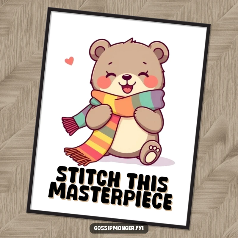Funny digital art print of a joyous bear knitting a long, colorful scarf, perfect for cozy decor.