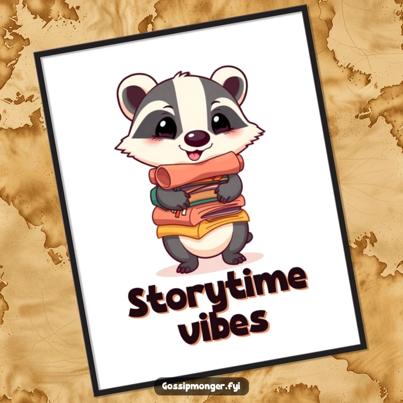 Funny digital art print of a cheerful badger balancing a stack of colorful, gossip-filled scrolls, capturing a moment of happy storytelling.