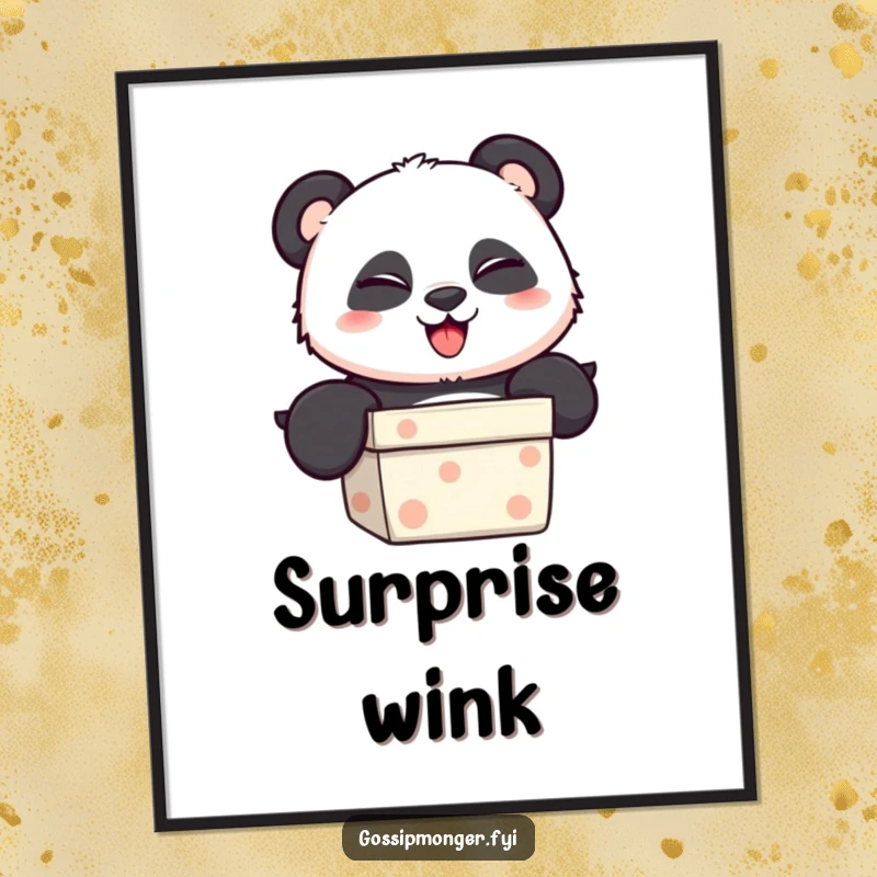 Funny Digital Art Print of a playful panda popping out of a gift box with a mischievous wink, for instant decor.