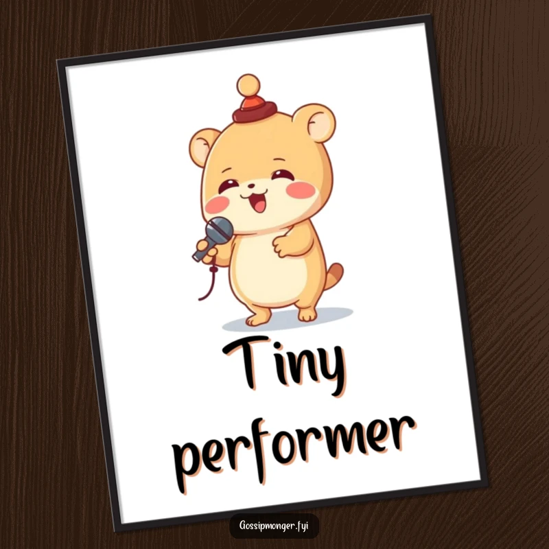 Funny creature with a tiny hat spinning joyfully while holding a miniature microphone, presented as a vibrant and humorous digital art print.