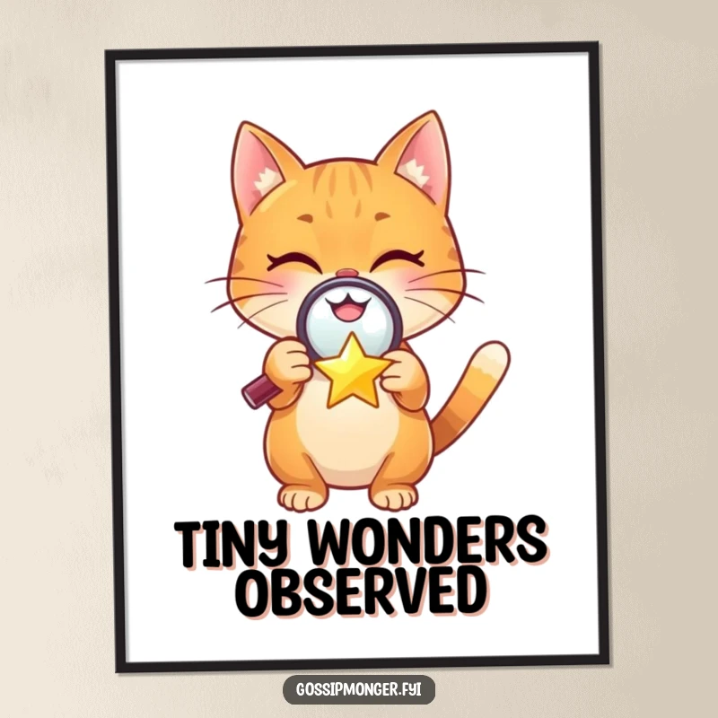 Funny digital art print of a cheerful orange cat with a magnifying glass over a tiny, winking star, embodying cute mystery.