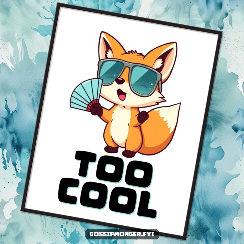 Funny digital art print of a tiny fox in oversized sunglasses, wildly gesturing with a fan, capturing a moment of cool, energetic fun.