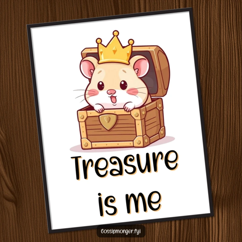 Funny Digital Art Print: Curious hamster wearing a crown peeking from a treasure chest, showcasing funny opulence, ideal funny gift.