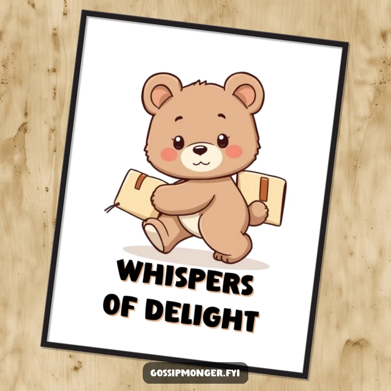 Funny bear cub character digital art print, tiptoeing with a secret package, high-resolution, instant downloadable art.